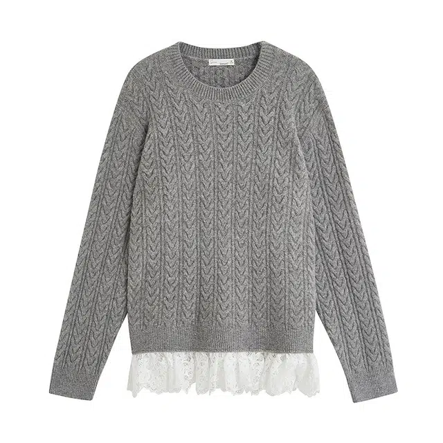 茵曼 蕾丝拼接复古糯米绒绞花宽松套头上衣针织衫 女款