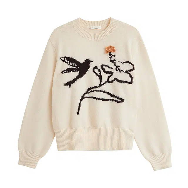 茵曼 立体花刺绣喜鹊圆领微落肩套头针织衫 女款