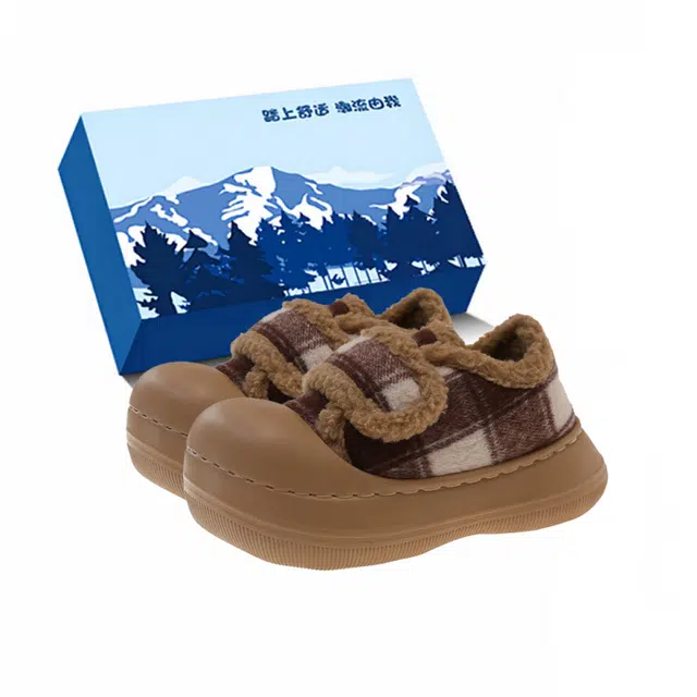 小鹿米利 时尚格子魔术贴冬季室内居家外穿厚底防滑加绒包跟保暖棉拖鞋 低帮 棉鞋 女