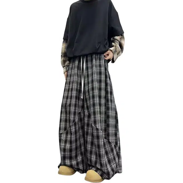 拓菲 美式慵懒风格子阔腿裤男秋季薄款宽松直筒廓形百搭拼接腰头休闲裤 男女同款