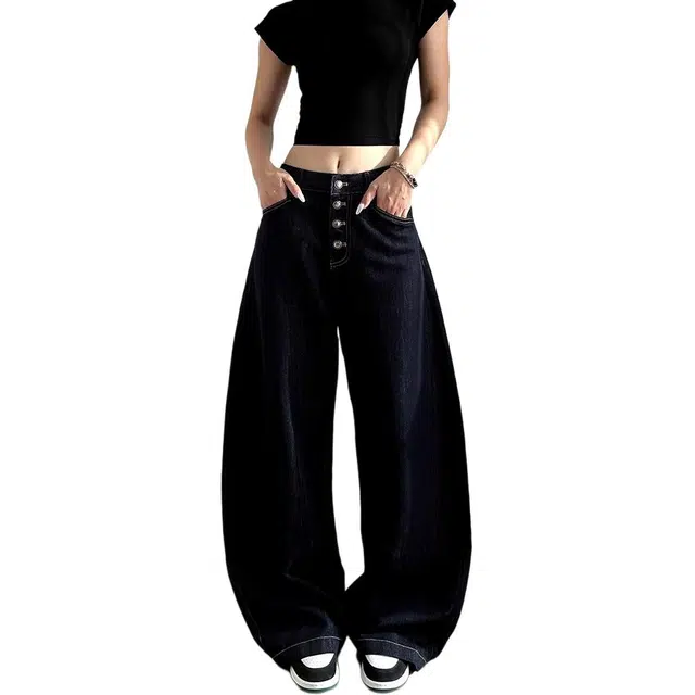 如续 美式复古多排扣小众设计感阔腿长裤潮流宽松百搭显瘦弯刀牛仔裤 女款