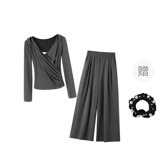 雾闪闪 假两件连帽卫衣针织衫女上衣韩系通勤显瘦两件套休闲套装 女款