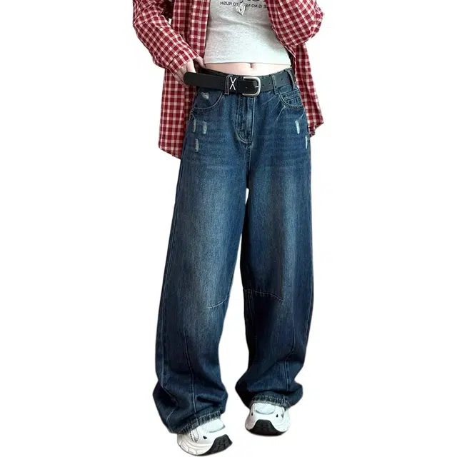 如续 美式复古水洗做旧直筒长裤潮流拼接设计感宽松阔腿拖地牛仔裤 女款