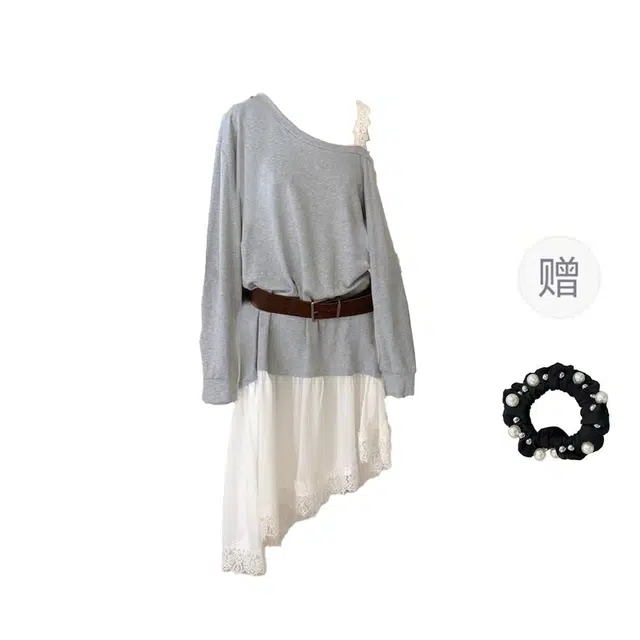 雾闪闪 大码女装秋季松弛设计感斜肩卫衣拼接不规则蕾丝下摆长袖连衣裙 女款
