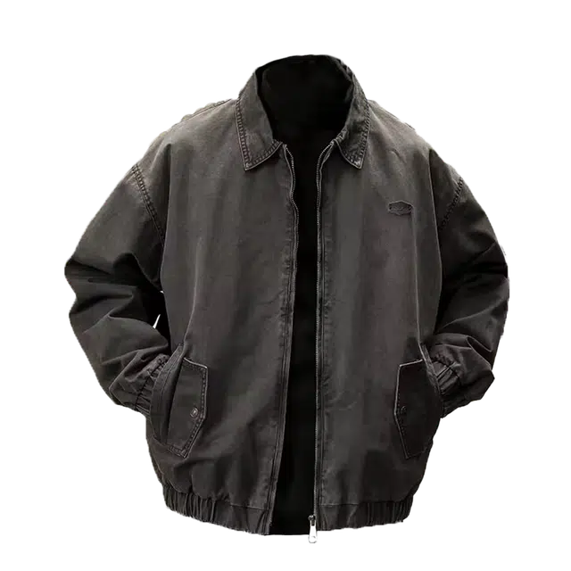 一碗士多 底特律宽松美式复古高街百搭纯色简约个性经典拉链时尚舒适褶皱设计感落肩袖翻领痞帅夹克 男女同款