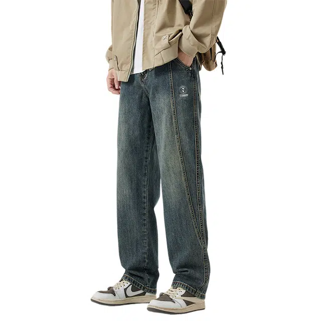 赛瀚 美式复古水洗牛仔裤男款百搭阔腿休闲裤秋季厚款舒适亲肤男装长裤宽松显瘦显高青少年高街潮流通勤外穿男士裤子 男女同款