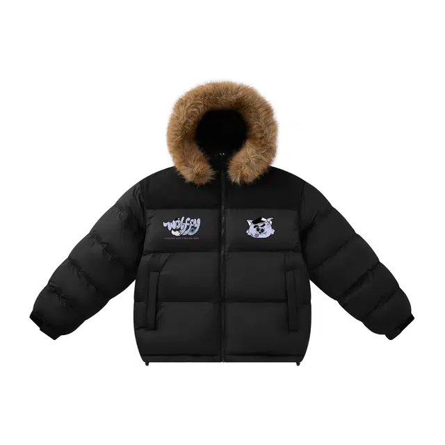 喜羊羊与灰太狼 美式复古高街潮流可拆卸毛领加厚保暖棉衣学院风灰太狼卡通涂鸦趣味印花拼接撞色户外日常通勤休闲宽松百搭连帽面包棉服 男女同款