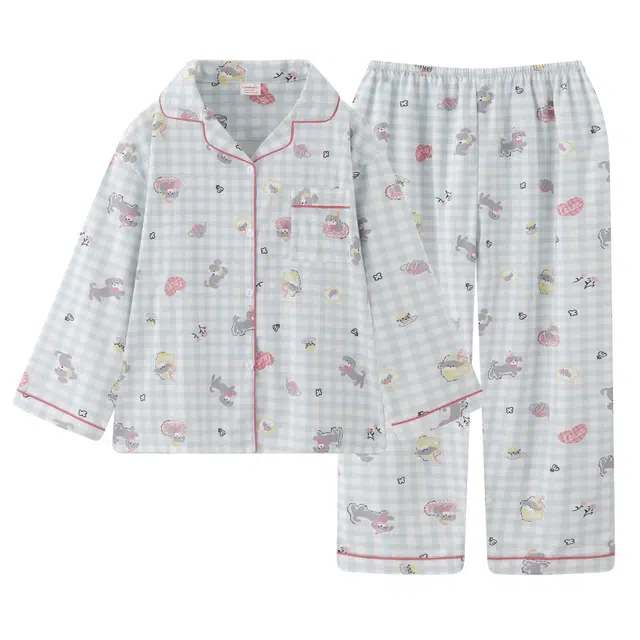 静英鸾 翻领格子可爱小狗甜美风休闲舒适家居服睡衣套装 女款