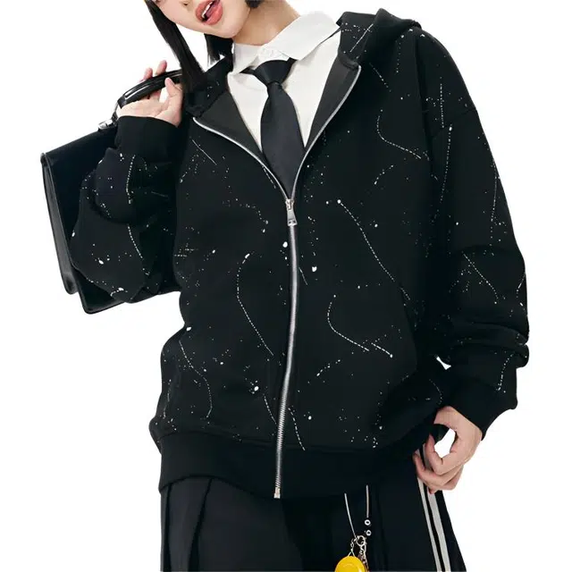 左岸 美式高街时尚简约百搭纯色长袖星星设计拉链连帽个性垂感宽松透气青少年韩系复古潮牌卫衣 男女同款