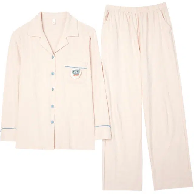 浮光岛屿 简约纯色可爱口袋翻领高级感长袖长裤家居服舒适亲肤透气可外穿宽松休闲睡衣套装 女款 礼盒装 米白色