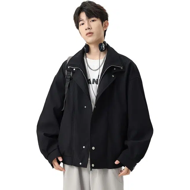 洋气先生 美式复古高街潮牌轻奢假两件双层衣领设计痞帅无性别主义纯色长袖舒适保暖防风日常通勤简约百搭皮衣外套夹克 男女同款