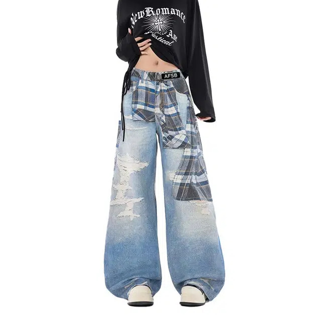 艾梵斯贝 美式复古潮流格纹拼接印花小众设计款高级感个性街头日常通勤百搭款宽松休闲时尚高街风潮酷直筒牛仔裤 男女同款