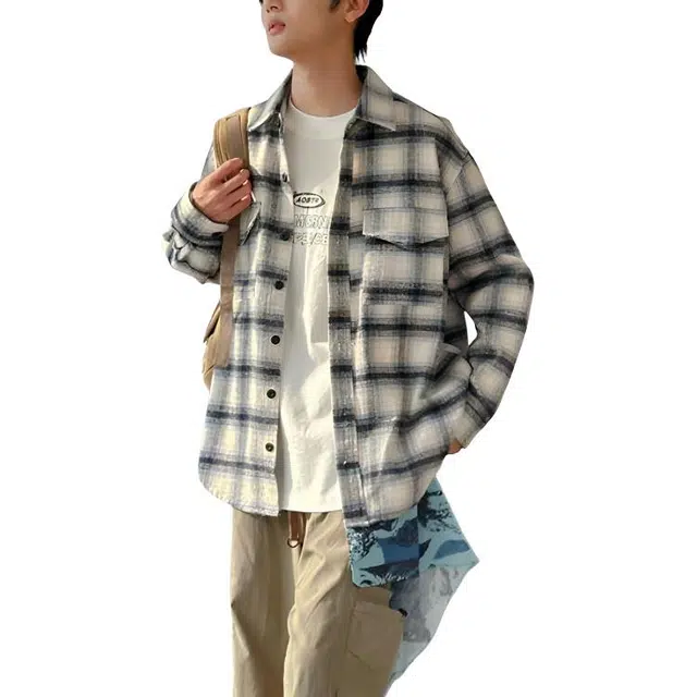 左岸 美式复古百搭长袖设计翻领格子纽扣时尚简约潮流宽松透气个性韩系小众学院风高街潮牌衬衫 男女同款