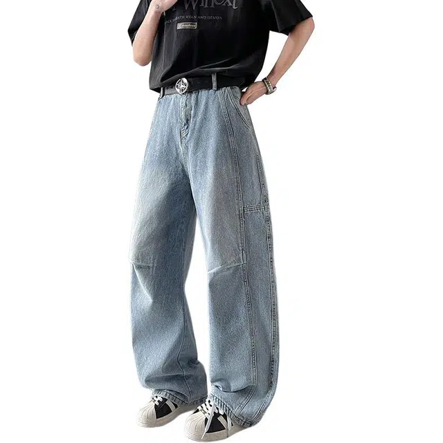 如续 美式复古高街风潮流弯刀设计感拼接阔腿长裤小众百搭牛仔裤 男女同款