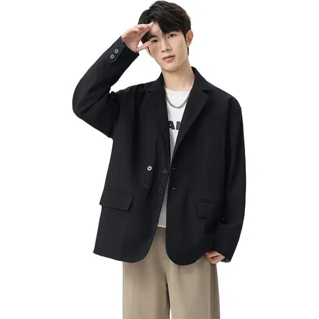 洋气先生 美式复古高街潮牌竖纹褶皱拼色小格子老钱风双排扣设计纯色高级感休闲舒适日常户外通勤无性别主义百搭西装外套夹克 男女同款