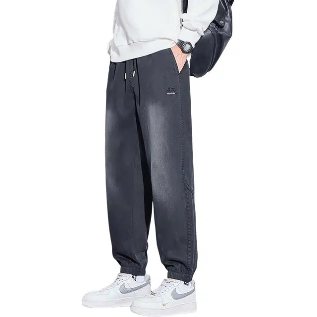 协协乐 高街机能风美式复古春秋季潮牌做旧宽松哈伦九分束脚裤青少年弹力抽绳痞帅百搭休闲运动长裤牛仔裤 男款