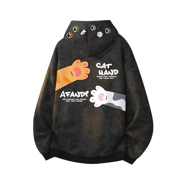 阿凡迪 满天星亮片扎染设计脏脏风美式复古学院风可爱卡通猫咪爪印品牌字母印花宽松舒适休闲百搭无性别主义日常通勤连帽卫衣 男女同款