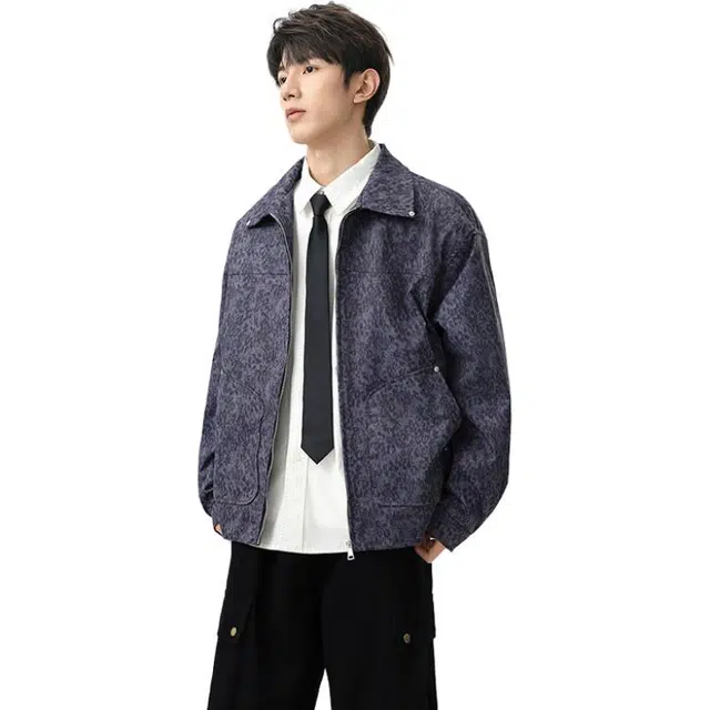 洋气先生 美式高街潮牌轻奢复古小豹纹扎染设计高级感拉链长袖宽松舒适保暖防风日常户外通勤徒步无性别主义简约百搭皮衣外套夹克 男女同款