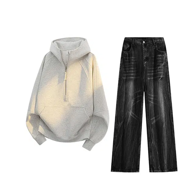 素杭 美式重磅宽松连帽外套搭配复古水洗做旧高街闪电纹直筒牛仔裤两件套潮牌穿搭休闲运动套装 男女同款