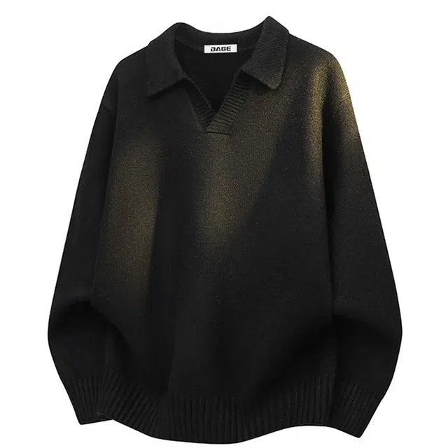 八哥 美式复古高街纯色舒适休闲百搭宽松设计感经典基础款亲肤柔软翻领慵懒针织衫 男女同款