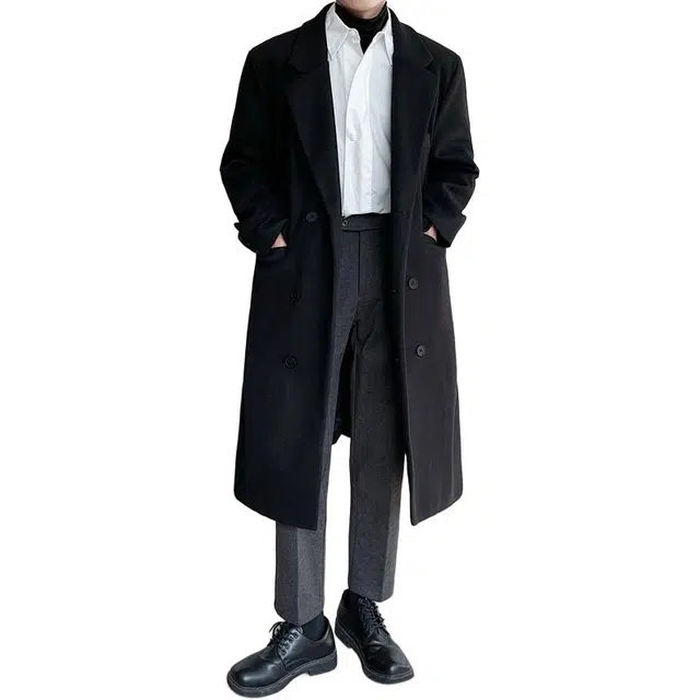 左岸 英伦复古时尚潮牌百搭纯色开衫翻领上衣休闲宽松舒适防风外套秋冬季双排扣过膝大衣中长款风衣 男款