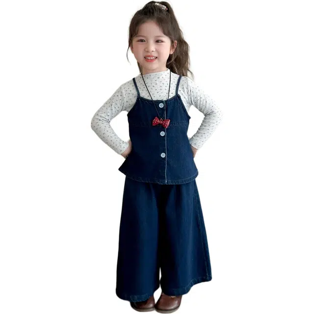 蓝彩何休闲运动套装 女童牛仔装洋气韩系儿童吊带阔腿裤子三件套小女孩宝宝春秋装潮