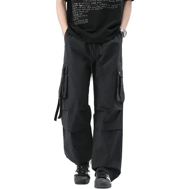 洋气先生 美式高街垂感伞兵多口袋设计时尚潮流宽松纯色帅气直筒高级感阔腿显高显腿长日常户外通勤徒步百搭系带工装长裤休闲裤 男女同款