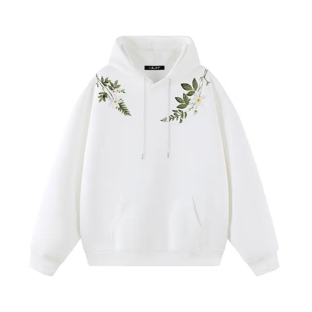 一人之下 美式高街仿刺绣茉莉植物花卉印花图案休闲宽松舒适百搭精选个性高级户外运动日常通勤气质潮流时尚长袖连帽卫衣 男女同款