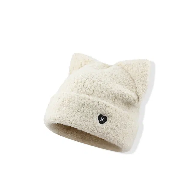 【韩系小猫~可爱百搭】 攸委 甜美毛绒猫耳朵爱心刺绣毛线帽子女秋冬保暖大头围显脸小护耳帽 涤纶 时尚休闲包头针织帽 男女同款情侣款