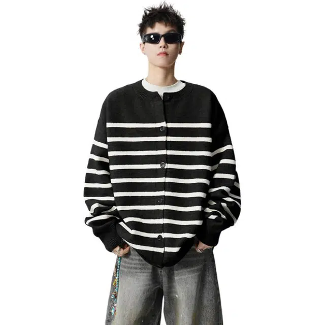 拓菲 复古条纹开衫潮牌休闲外套美式圆领宽松慵懒风情侣针织衫 男女同款