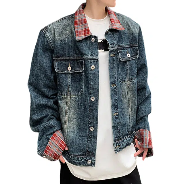 冈哉 美式复古高街撞色格子拼接翻领单排扣设计宽松休闲帅潮流百搭夹克牛仔外套 男女同款