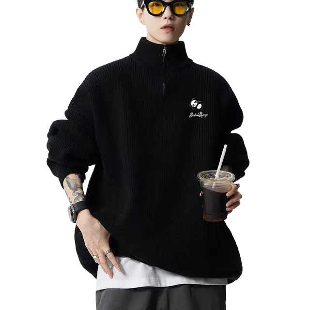 布客行 立领慵懒美式高街纯色打底保暖落肩长袖宽松休闲百搭针织衫 男女同款