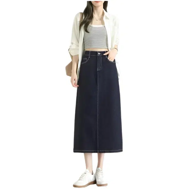 木木兔 潮流时尚复古 半身裙高腰设计感开叉直筒后裙牛仔长裙 女款