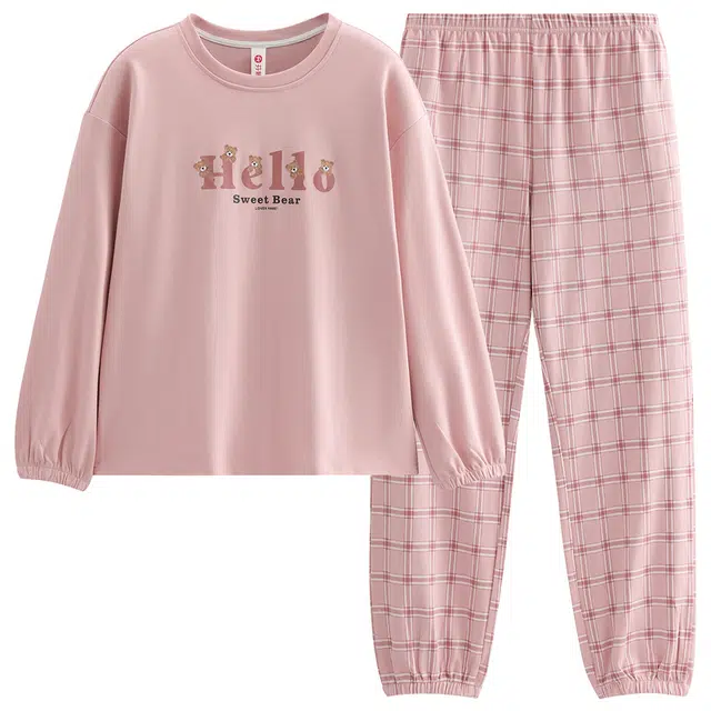 芬腾 女士春秋季纯棉圆领长袖时尚休闲格子全棉家居服睡衣套装 女款
