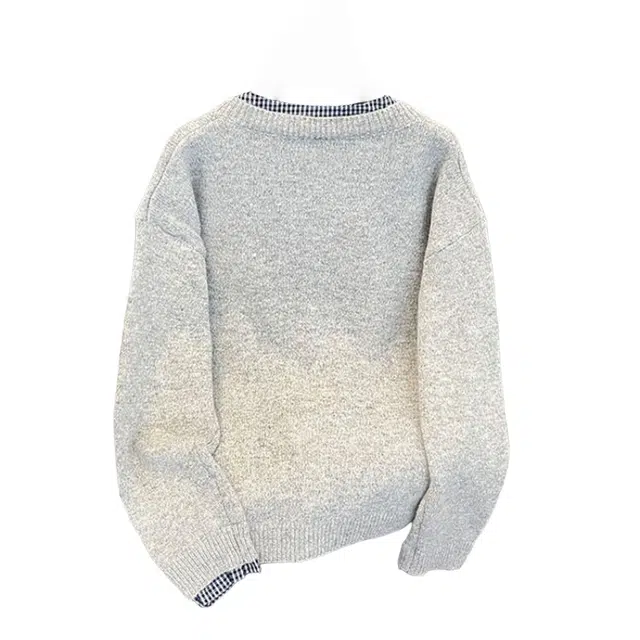 半空山 纯色简约基础款假两件撞色格子拼接潮流宽松百搭软糯舒适亲肤透气高质感单排扣开衫圆领针织衫 男女同款