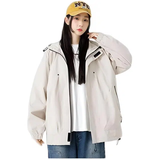 木木兔 潮流时尚秋季女装外套 情侣款 美式大码宽松休闲工装男潮牌户外防风连帽夹克 男女同款