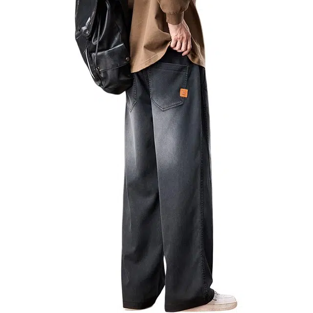 协协乐 高街风男士简约时尚春秋季渐变美式复古做旧宽松阔腿拖地裤青少年弹力抽绳痞帅直筒百搭休闲运动长裤牛仔裤 男款