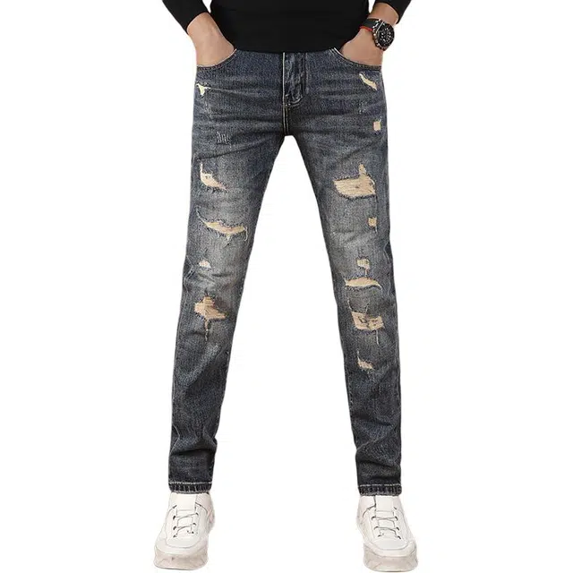 吉肯蒂 破洞裤子男秋季高端潮牌弹力修身小直筒男士长裤牛仔裤 男款