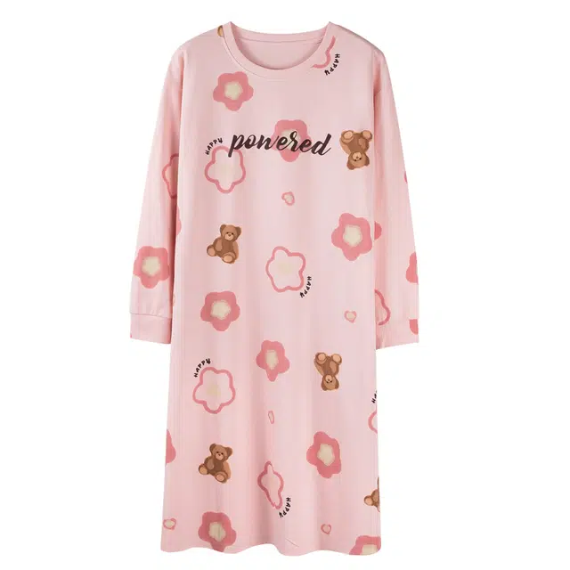 俏霓桐 卡通小熊纯棉舒适圆领长袖可爱甜美学生时尚居家睡衣家居服睡裙 女款