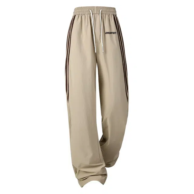 欧迪芬 轻薄长裤 简约舒适百搭时尚宽松透气美式复古设计高街潮牌条纹织带直筒阔腿针织运动裤显瘦显高休闲裤 女款