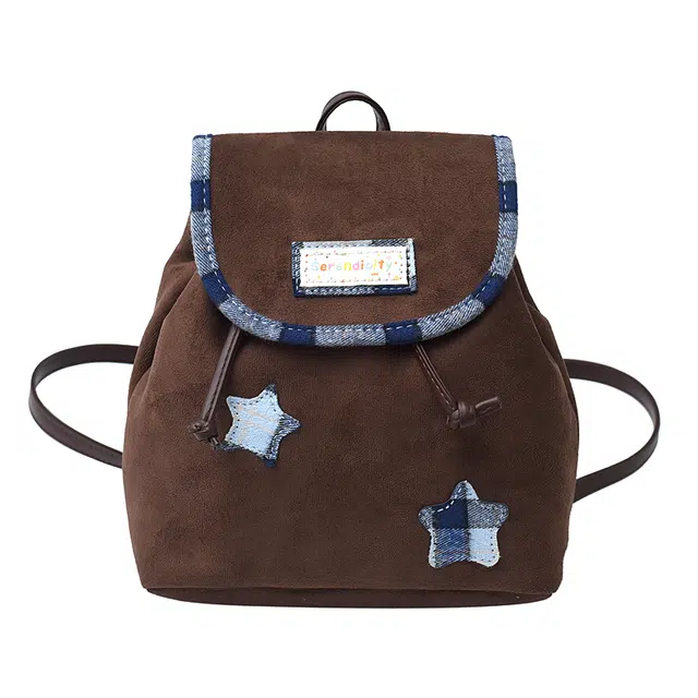 轩玺 美拉德复古轻便时尚星星贴布设计 麂皮绒 背包双肩包 女款 咖色/黑色/棕色/灰色