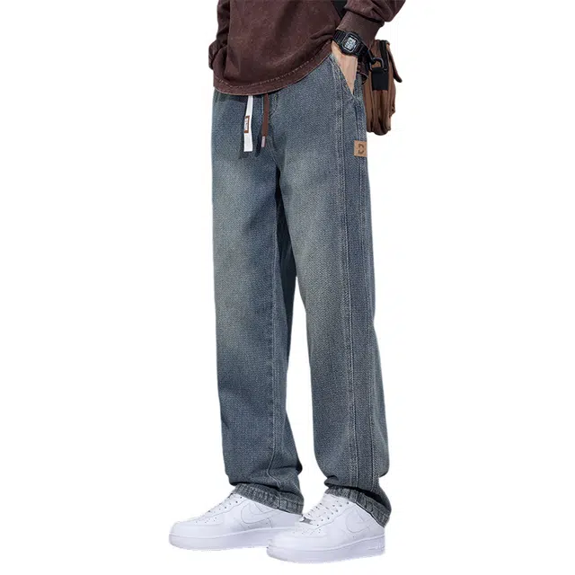 赛瀚 高街潮流垂感阔腿牛仔裤男款美式百搭厚款秋季舒适亲肤男装休闲宽松显瘦显高少年通勤外穿男士裤子 男女同款