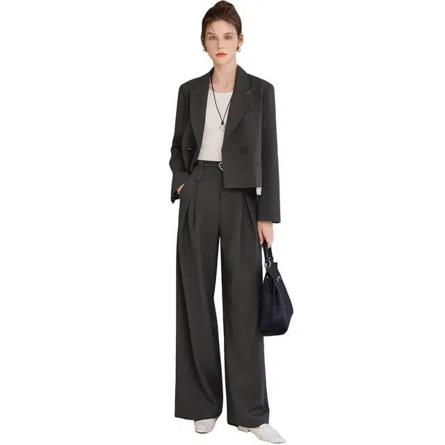 她池 翻领长袖外套搭通勤风阔腿裤休闲套装 女款