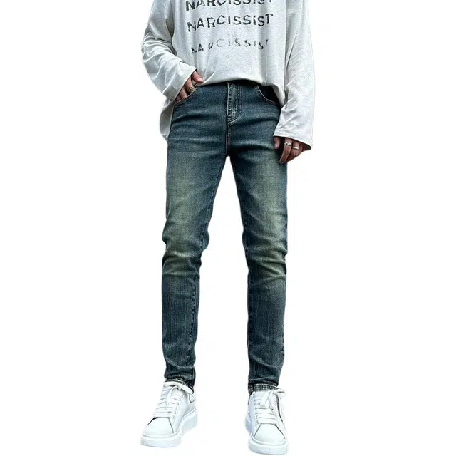 特斯型 复古痞帅水洗蓝牛仔裤秋冬季潮流帅气韩版修身小脚长裤 男款