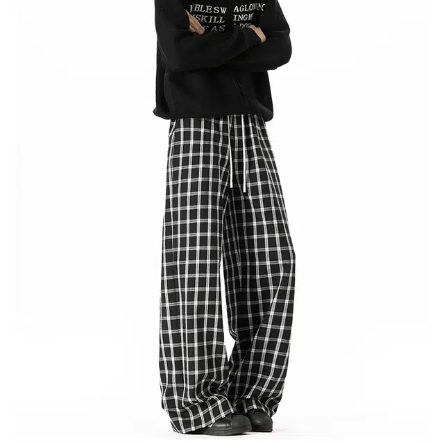 华夏儿女 美式复古高街基础简约宽松格子裤小众设计感慵懒百搭潮牌垂感阔腿直筒拖地裤休闲裤 男款