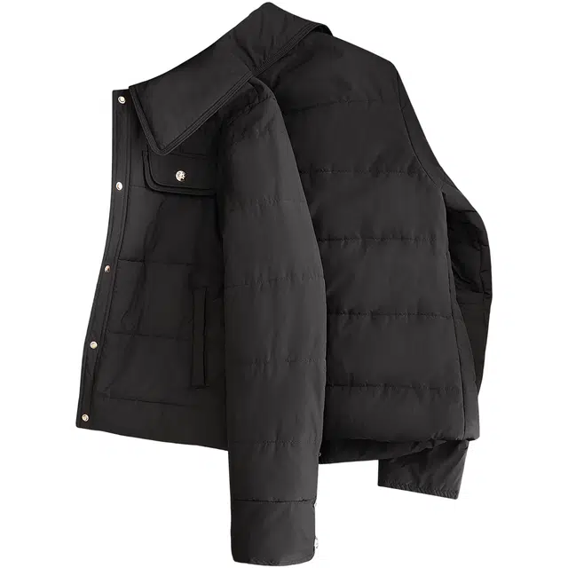 她池 简约通勤风翻领单排扣纯色短款长袖棉服 女款