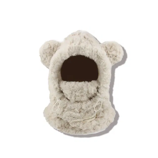 【韩版通勤~秋冬必备】 攸委 可爱加厚毛绒小熊帽子围脖围巾一体女冬季保暖护耳帽 涤纶 骑车防寒绒线帽套头斗篷帽潮 男女同款情侣款