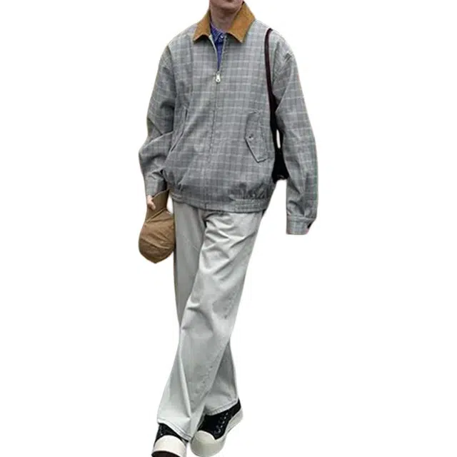 拓菲 新贵老钱松弛格纹拼接短款翻领男款秋季高级感工装棒球服外套夹克 男女同款