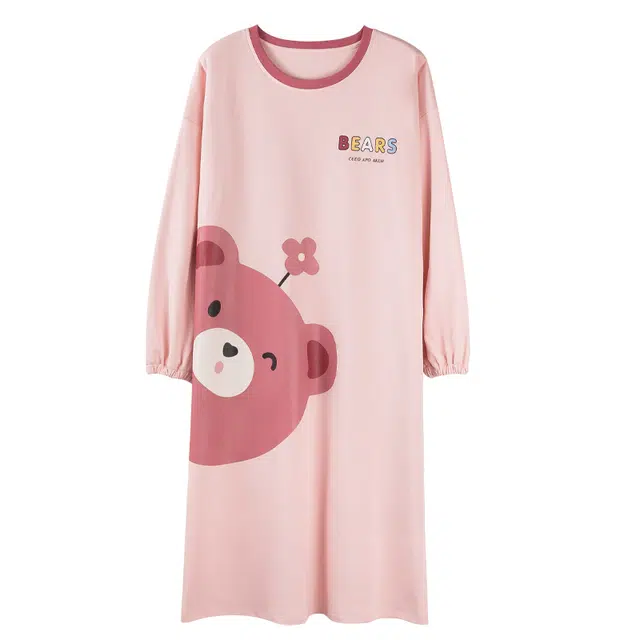 俏霓桐 卡通小熊舒适圆领长袖可爱甜美学生时尚居家睡衣家居服睡裙 女款