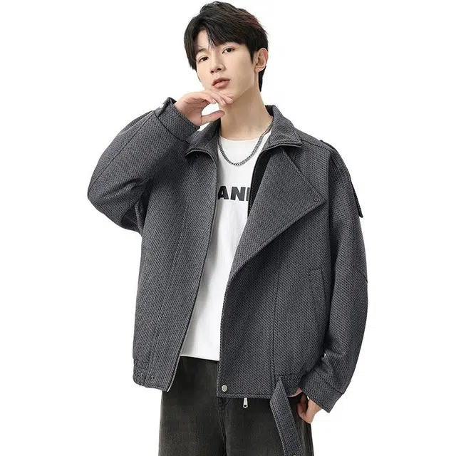 洋气先生 美式复古高街潮牌廓形多拼接假两件设计双层领机车风纯色长袖舒适保暖防风日常通勤徒步无性别主义简约百搭皮衣外套夹克 男女同款